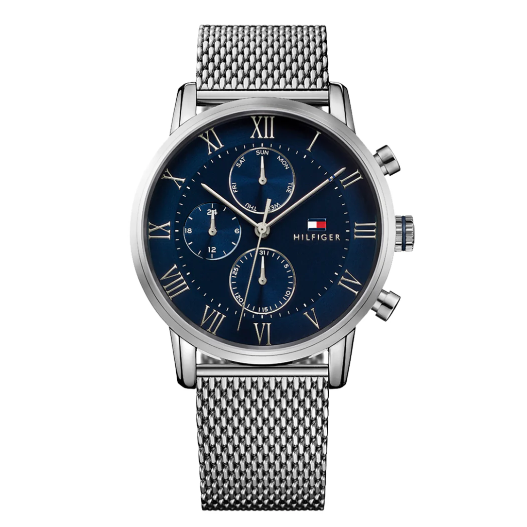Tommy Hilfiger Kane Silver Mesh Bracelet Blue Dial Chronograph Quartz Watch for Gents - 1791398