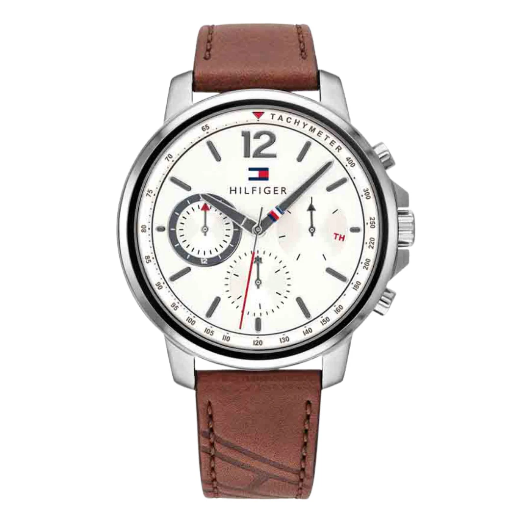 Tommy Hilfiger Landon Brown Leather Strap White Dial Chronograph Quartz Watch for Gents - 1791531