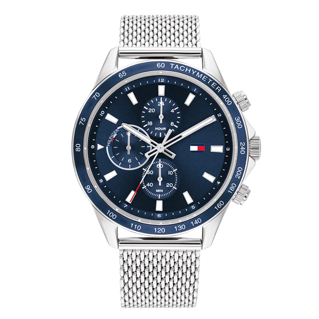 Tommy Hilfiger Miles Silver Mesh Bracelet Blue Dial Chronograph Quartz Watch for Gents - 1792018