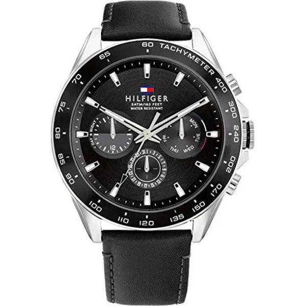 Tommy Hilfiger Owen Black Leather Strap Black Dial Chronograph Quartz Watch for Gents - 1791964