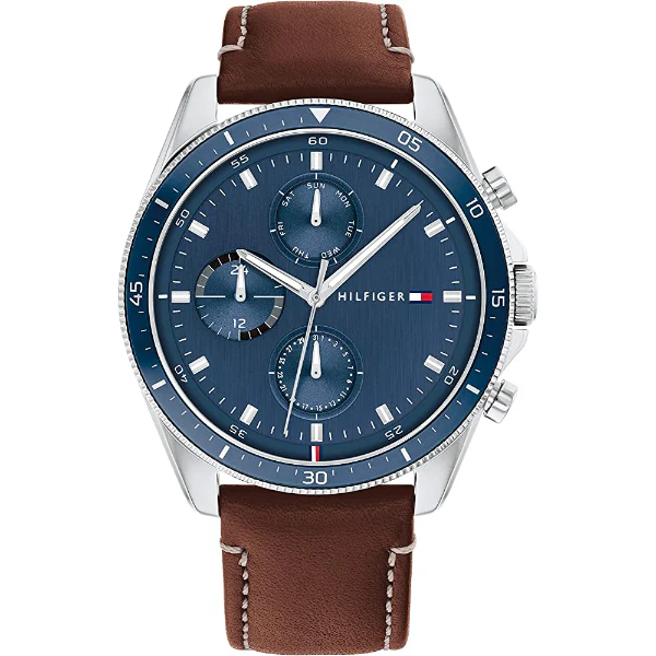 Tommy Hilfiger Parker Brown Leather Strap Blue Dial Chronograph Quartz Watch for Gents - 1791837