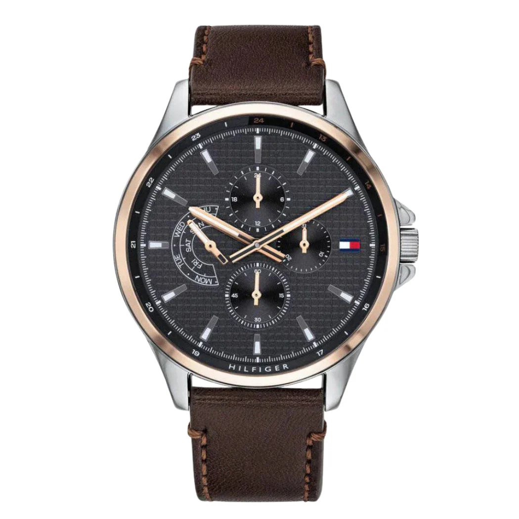 Tommy Hilfiger Shawn Brown Leather Strap Black Dial Quartz Watch for Gents - 1791615