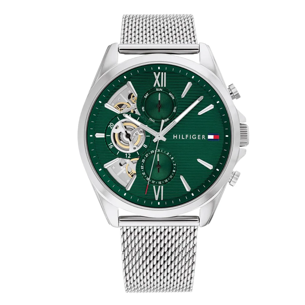 Tommy Hilfiger Silver Mesh Bracelet Green Dial Chronograph Quartz Watch for Gents - Tommy Hilfiger 1710647
