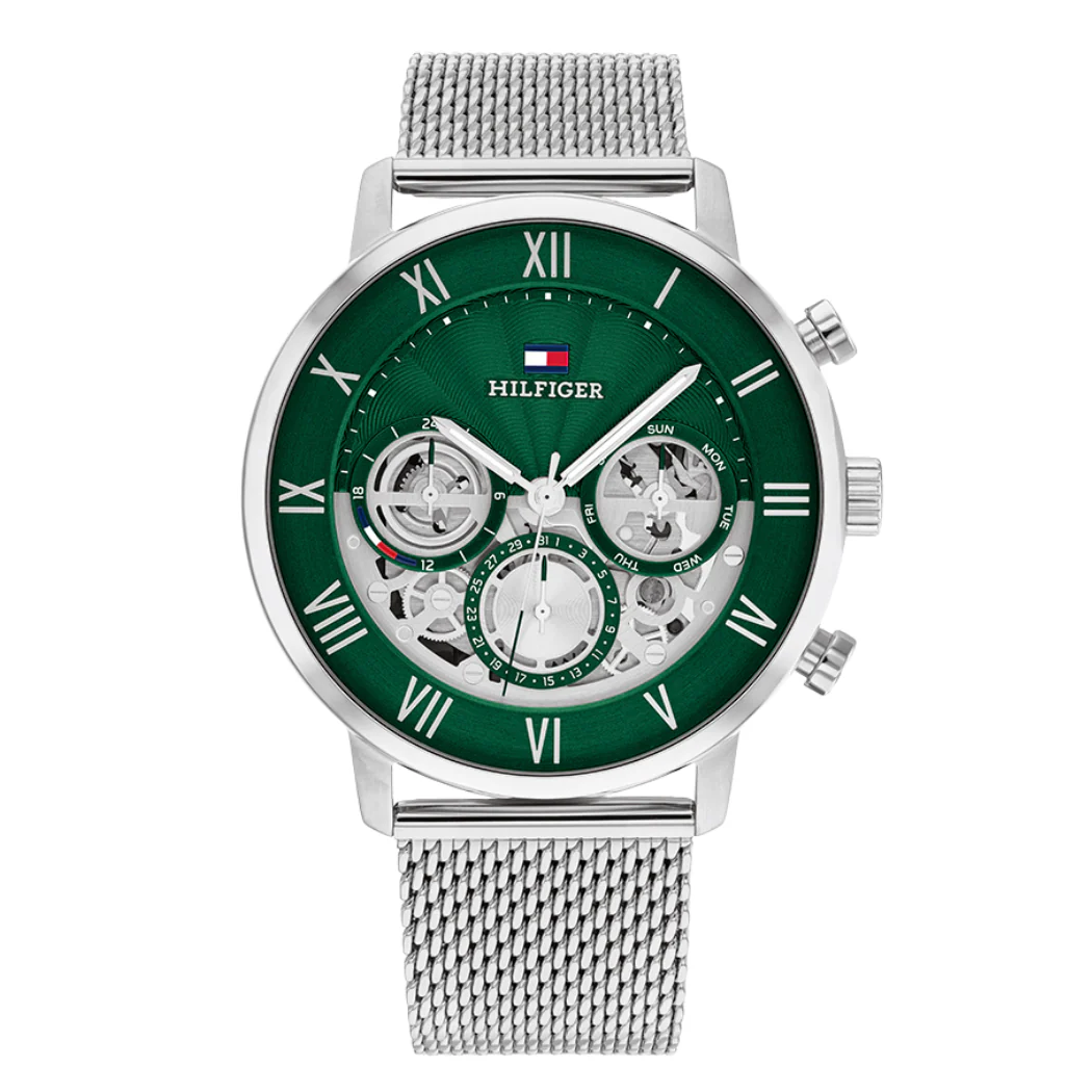 Tommy Hilfiger Silver Mesh Bracelet Green Dial Chronograph Quartz Watch for Gents - 1710567