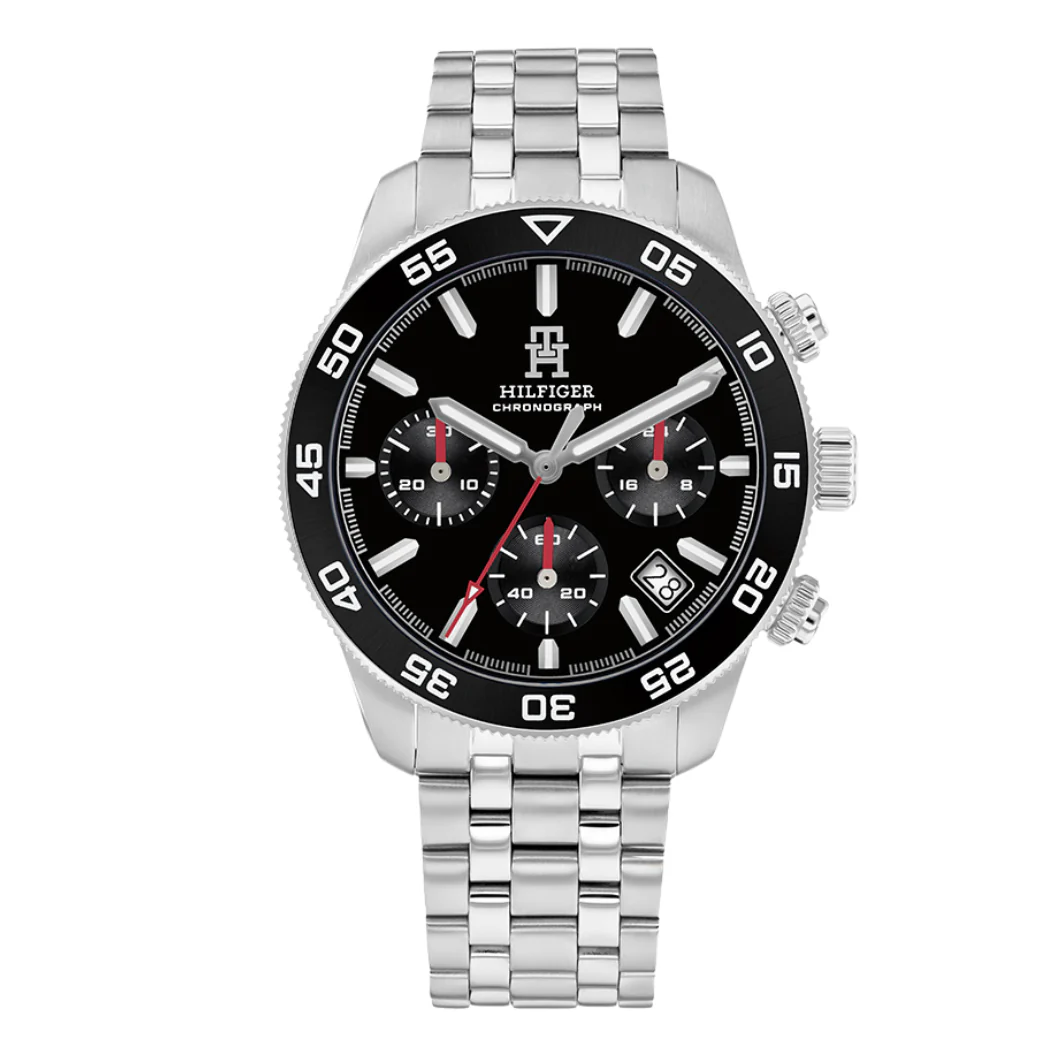 Tommy Hilfiger Silver Stainless Steel Black Dial Chronograph Quartz Watch for Gents - Tommy Hilfiger 1792156
