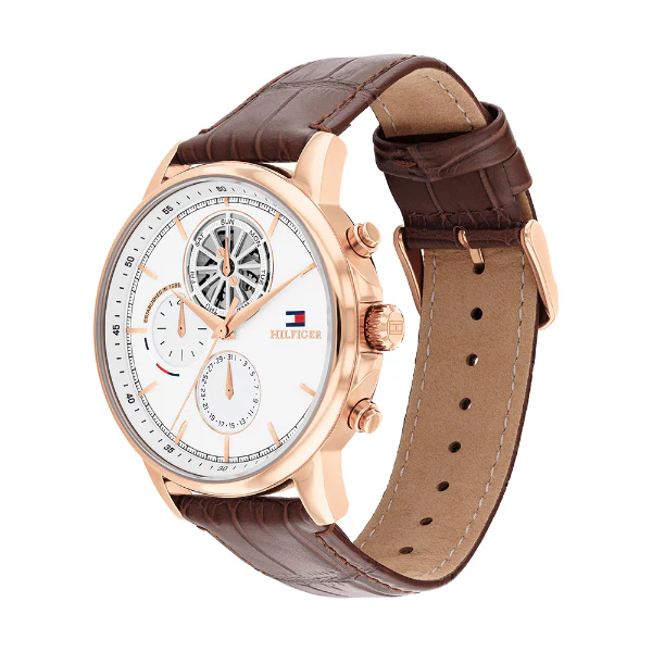 Tommy Hilfiger Stewart Brown Leather Strap White Dial Chronograph Quartz Watch for Gents - 1710606 - Image 2