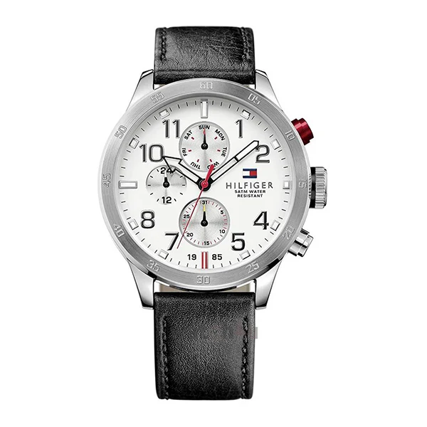 Tommy Hilfiger Trent Black Leather Strap White Dial Chronograph Quartz Watch for Gents - 1791138