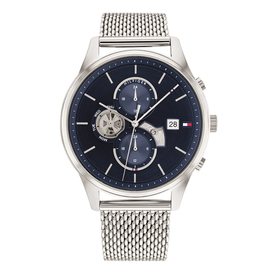 Tommy Hilfiger Weston Silver Mesh Bracelet Blue Dial Chronograph Quartz Watch for Gents - 1710504