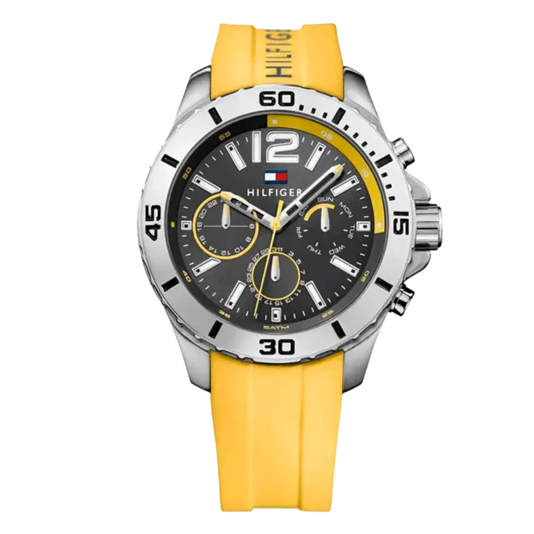 Tommy Hilfiger Yellow Silicone Strap Black Dial Chronograph Quartz Watch for Gents - Tommy Hilfiger 1791144