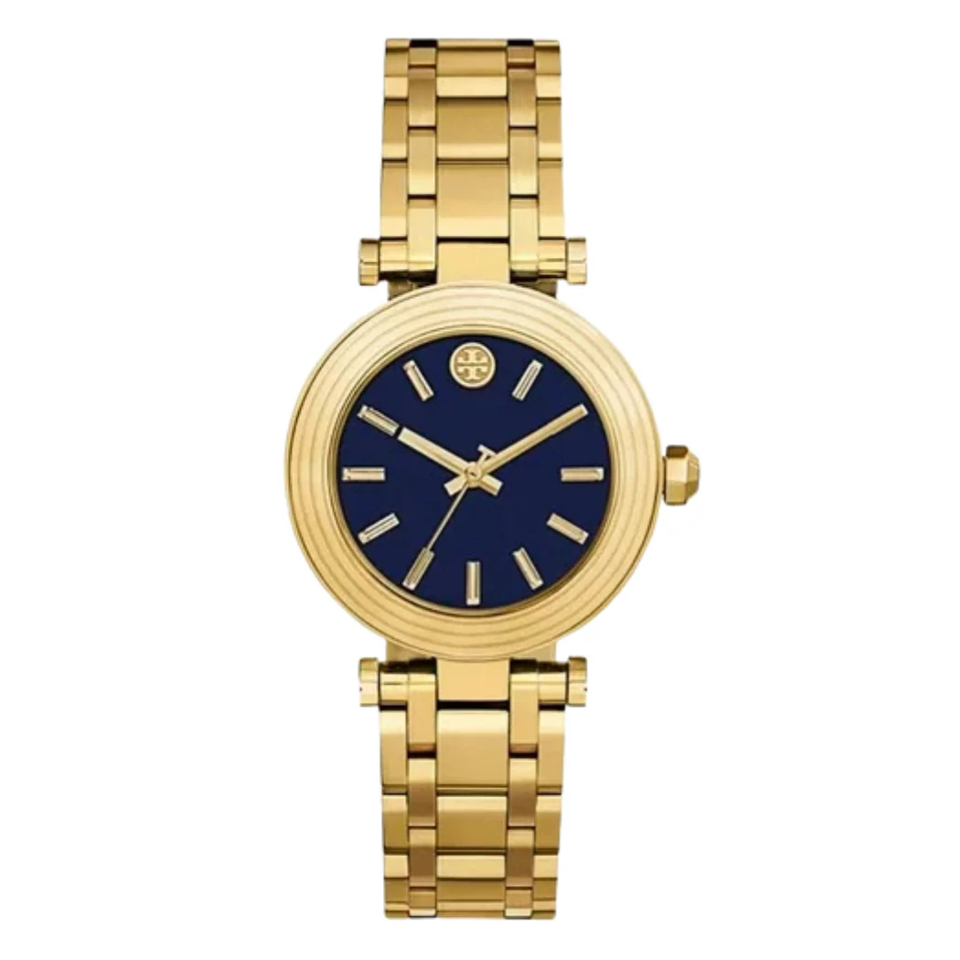 Tory Burch Classic T Gold Stainless Steel Navy Blue Dial Quartz Watch for Ladies - TBW9010