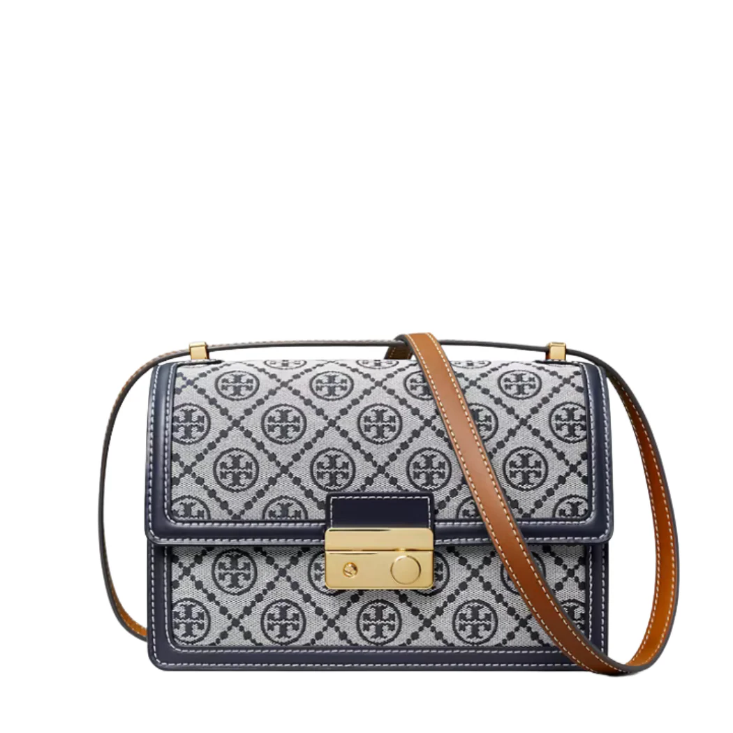 Tory Burch T Monogram Crossbody Bag โ Navy Jacquard & Leather Trim