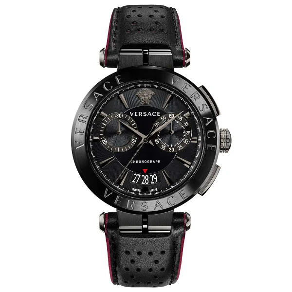 Versace Aion Black Leather Strap Black Dial Chronograph Quartz Watch for Gents - VBR 030017