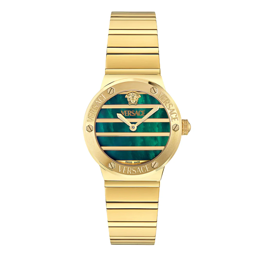 Versace Gold Stainless Steel Green Mother Of Pearl Dial Quartz Watch for Ladies - VEOS00425