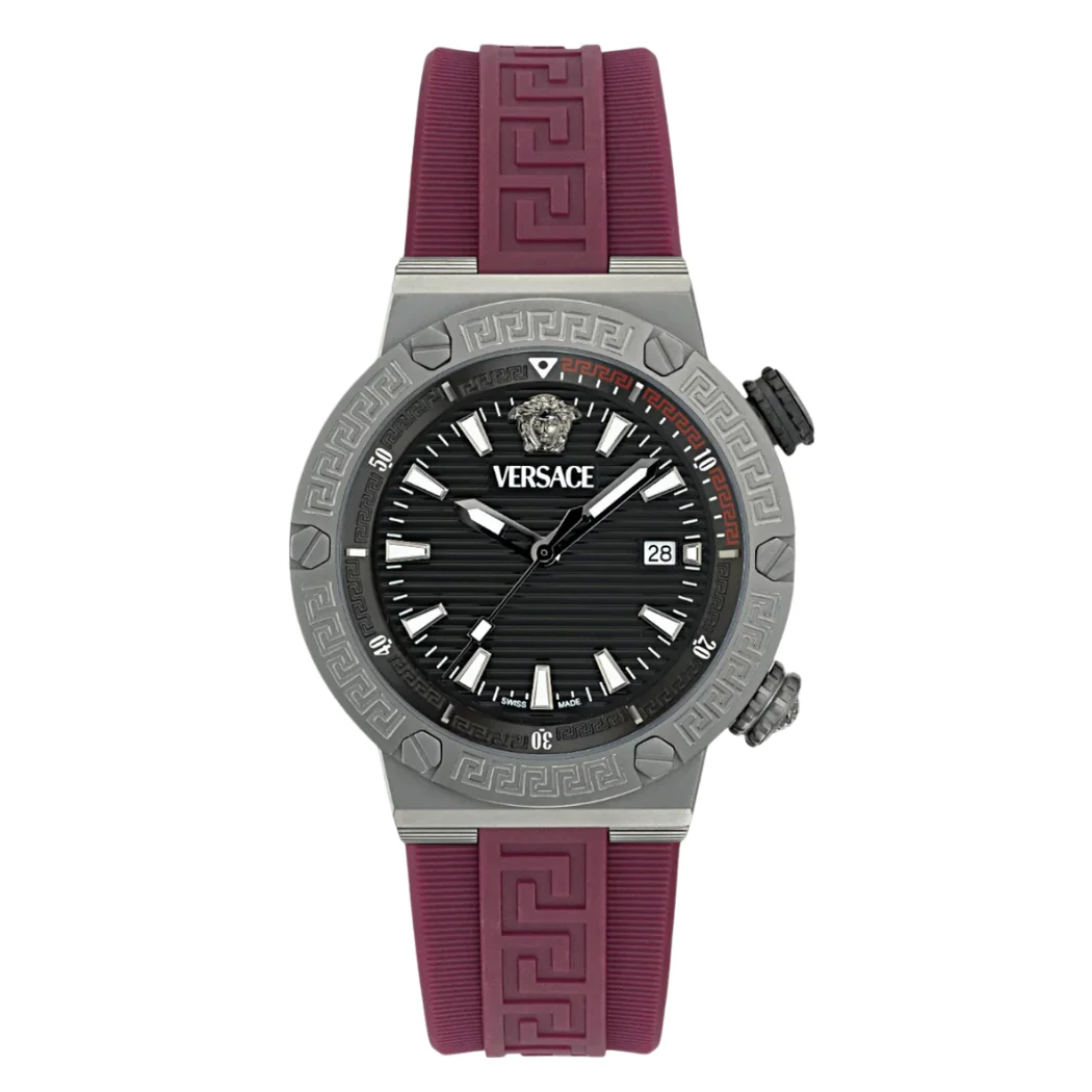 Versace Greca Logo Divers Red Silicone Strap Black Dial Quartz Watch for Gents - VE8G00224