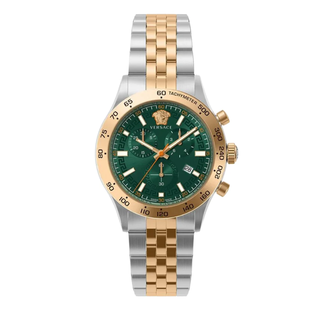 Versace Hellenyium Two-Tone Stainless Steel Green Dial Chronograph Quartz Watch for Gents - VE2U00924