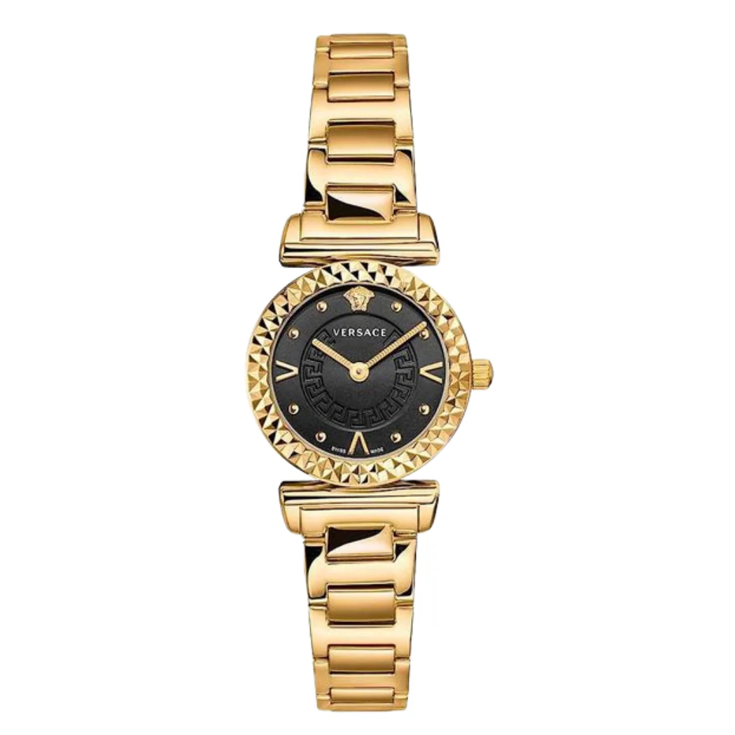 Versace Mini Vanity Gold Stainless Steel Black Dial Quartz Watch for Ladies - VEAA00518