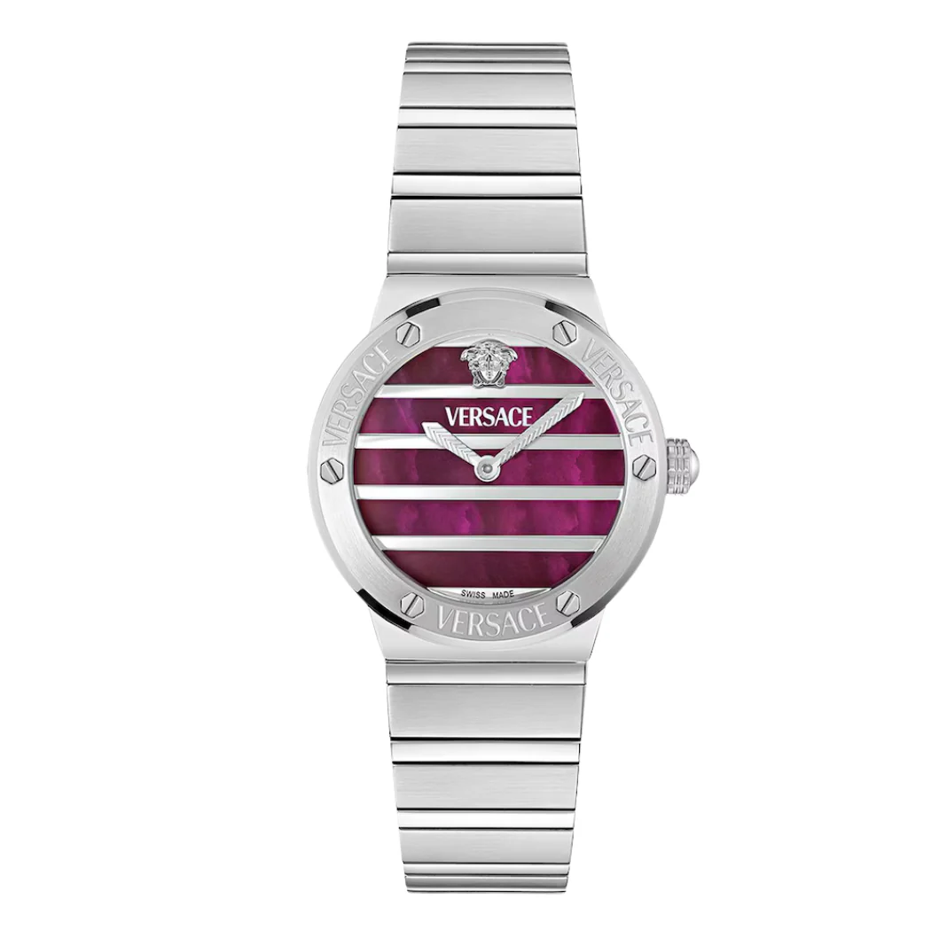 Versace Silver Stainless Steel Burgundy mother-of-pearl Dial Quartz Watch for Ladies - VEOS00125