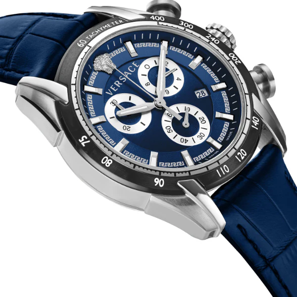 Versace V-Ray Navy Blue Leather Strap Navy Blue Dial Chronograph Quartz Watch for Gents - VE2I00721 - Image 3